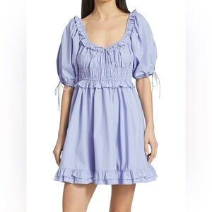 EN SAISON Danielle Smocked Puff Sleeve Cotton Mini Dress, Blue - M